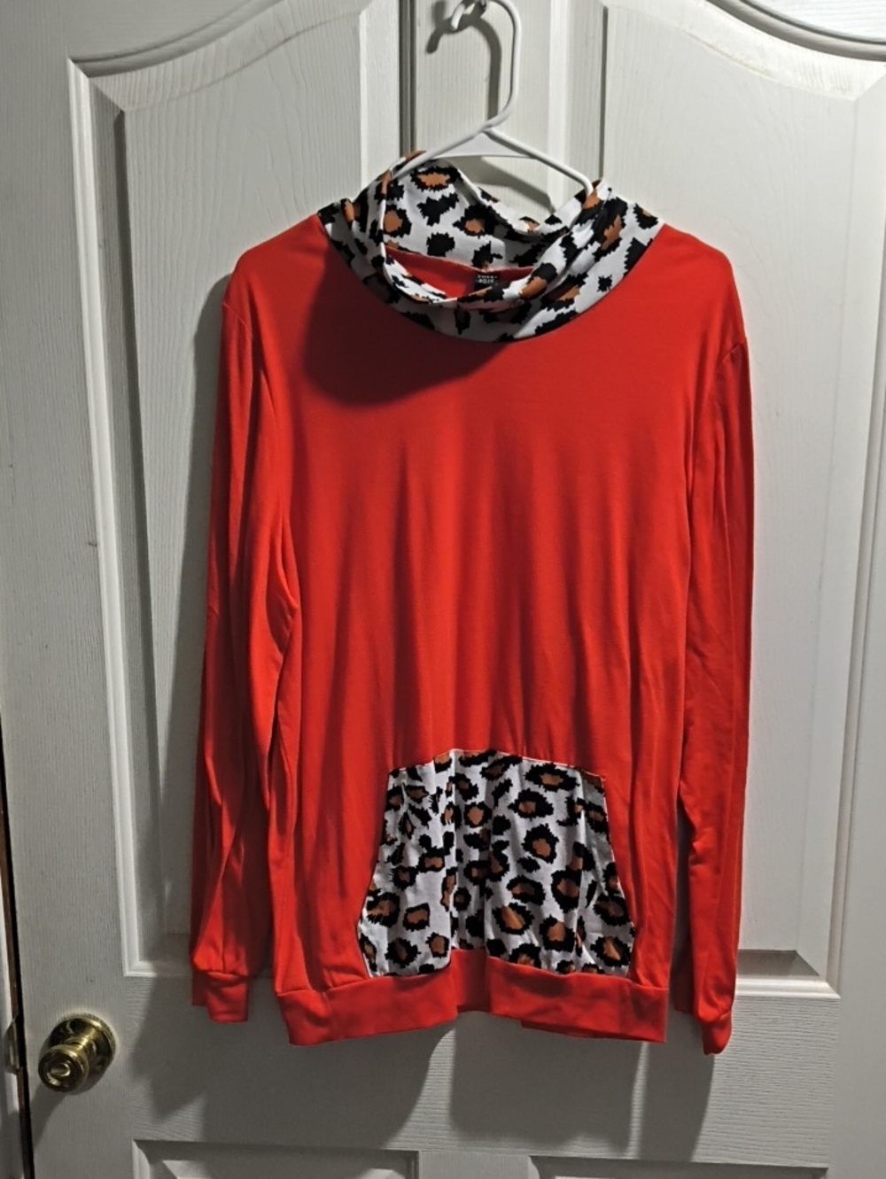 Women's Orange Long-Sleeve Hoodie with Leopard-Print Trim